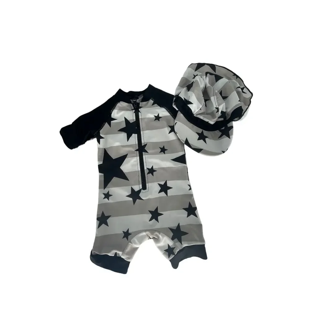 Unbranded Baby Boys Stars Stripe One-Piece Swim Bathing Suit & Hat